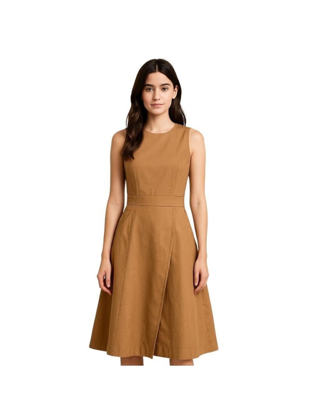 Toccin Sleeveless A-Line Wrap Skirt Knee Length Dress In Camel Sz 2